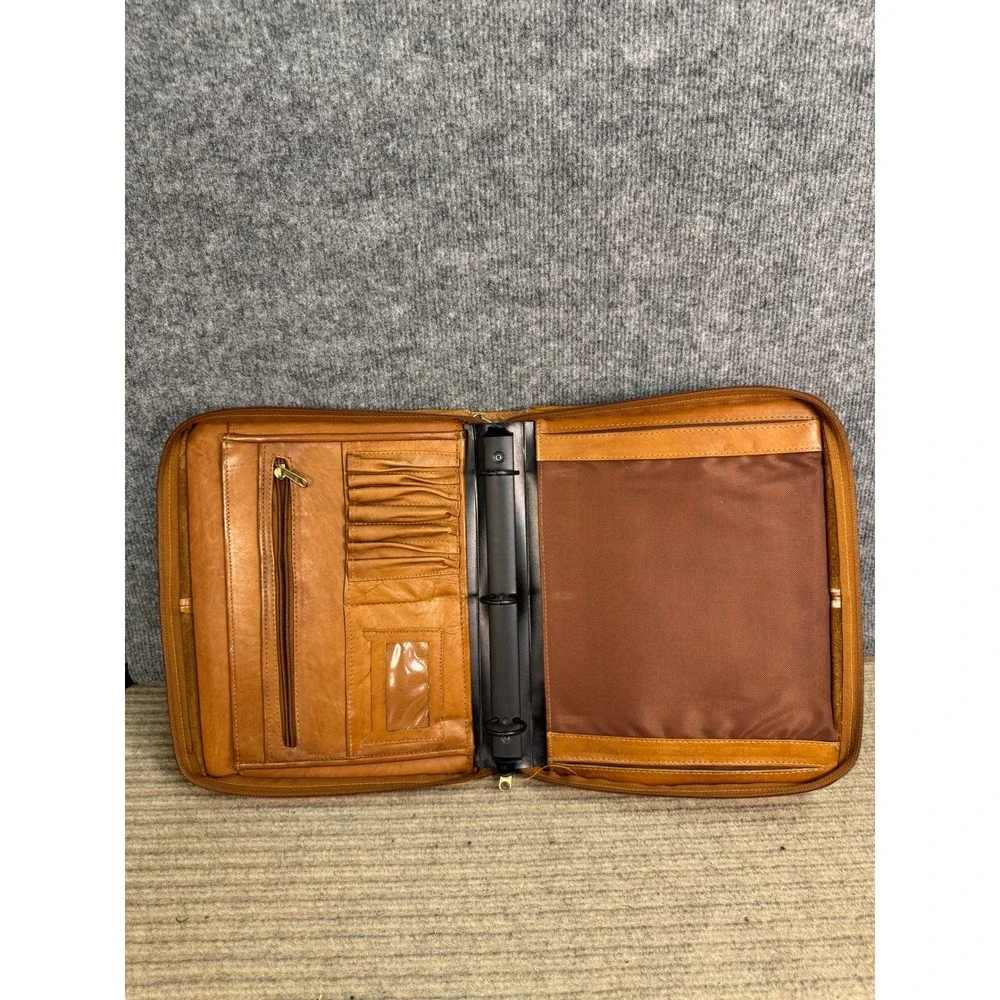 Vintage Tan Leather Zip Around Portfolio Binder Organizer Retractable Handle